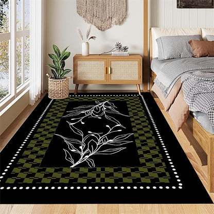 Modern Abstract Area Rug 6x9ft, Black Green White Botanical Line Art, Low Pile Non-Slip Washable Carpet for Bedroom, Farmhouse Dining Room, Kids Playroom
