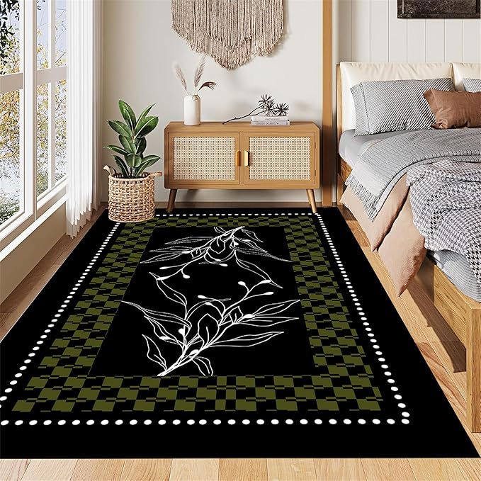 Modern Abstract Area Rug 6x8ft, Black Green White Botanical Line Art, Low Pile Non-Slip Washable Carpet for Bedroom, Farmhouse Dining Room, Kids Playroom