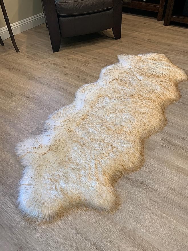 LAMBZY Faux Sheepskin Super Soft Hypoallergenic Silky Shag Rug for Living Room, Kids Room, Sofa (Double 2'x6', White/Brown Tips)