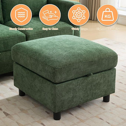 25”Square Storage Ottoman Module for Modular Sectional Sofa, Living Room Coffee Table Sectional Ottoman Footrest for Convertible Couch, Chenille Dark Green