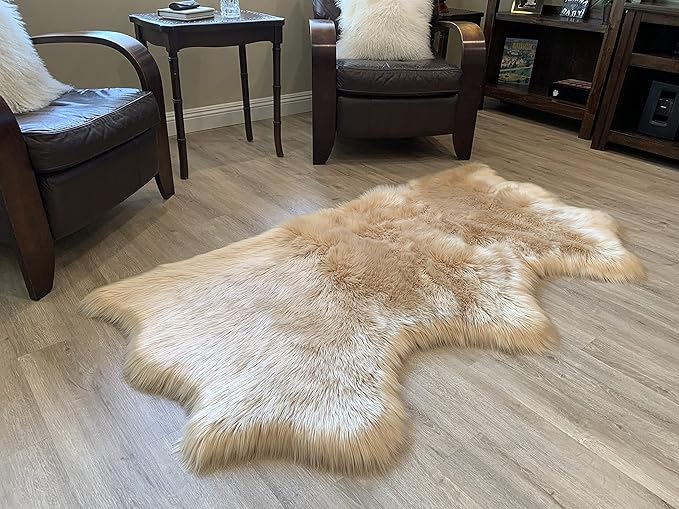 LAMBZY Faux Sheepskin Super Soft Hypoallergenic Silky Shag Rug for Living Room, Kids Room, Sofa (Triple Side by Side 3'x6', Beige)