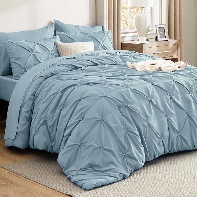 Bedsure Full Comforter Set Light Blue - Bed in a Bag Full Size Bedding Set 7 Pieces, GentleSoft™ Pintuck Bed Set Gift for Family, Pinch Pleat All Season Comforter with Sheets, Pillowcases & Shams
