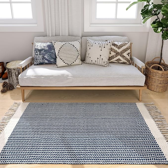 Lahome Boho Bedroom Rug, 3x5 Kitchen Rug Lightweight Rugs for Entryway Living Room Woven Washable Area Rug with Tassels, Farmhouse Navy Blue Throw Rugs Non Shedding Floor Carpet for Living Bedroom
