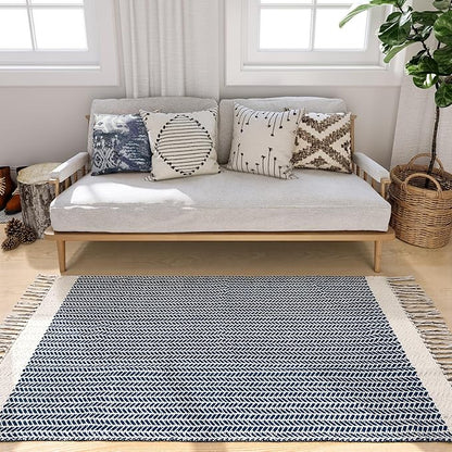 Lahome Boho Bedroom Rug, 3x5 Kitchen Rug Lightweight Rugs for Entryway Living Room Woven Washable Area Rug with Tassels, Farmhouse Navy Blue Throw Rugs Non Shedding Floor Carpet for Living Bedroom