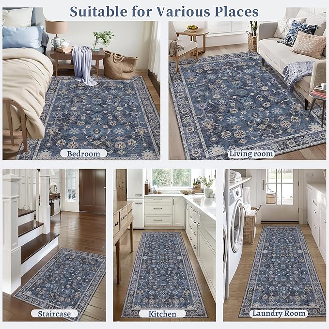 Tangsoo 5x7 Blue Area Rug for Bedroom Living Room, Washable Vintage Floral Rug Non Slip, Low Pile Stain Resistance Distressed Retro Indoor Boho Carpet for Laundry Farmhouse Dinning Room Mat Home Decor