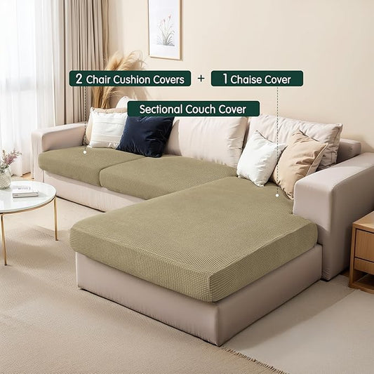 CHUN YI Stretch Sectional Couch Covers 1 Piece Chaise Lounge Slipcover L Shape Separate Cushion, Chaise Couch Cover for Both Left/Right Sectional Couch (Chaise Cover, Khaki)