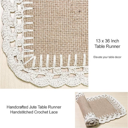 Chardin Home Woven Jute with Ivory Handcrafted Crochet Border Decorative Table Runner, 13x36 Inch, Artisanally Crafted Rustic Farmhouse Table Topper, Perfect for Tables