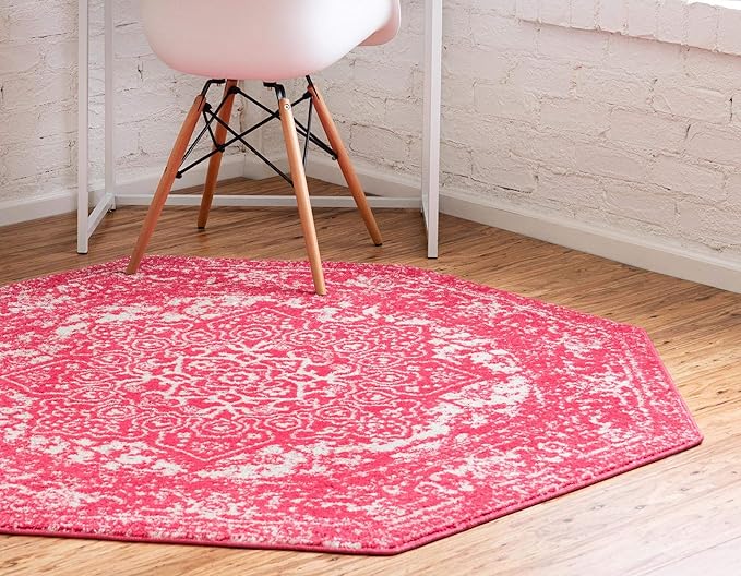 Rugs.com Arlington Collection Rug – 8 Ft Octagon Pink Medium-Pile Rug Perfect for Living Rooms, Kitchens, Entryways