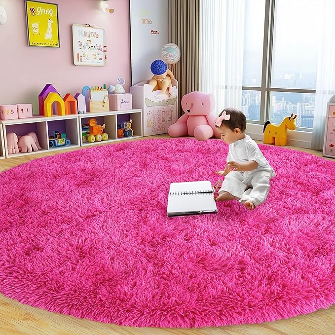Round Fluffy Rugs 4Ft for Girls Bedroom, Hot Pink Shag Circle Kids Rug Non-Slip for Bedside Dorm Nursery Playroom, Soft Cute Area Rugs for Living Room Decor