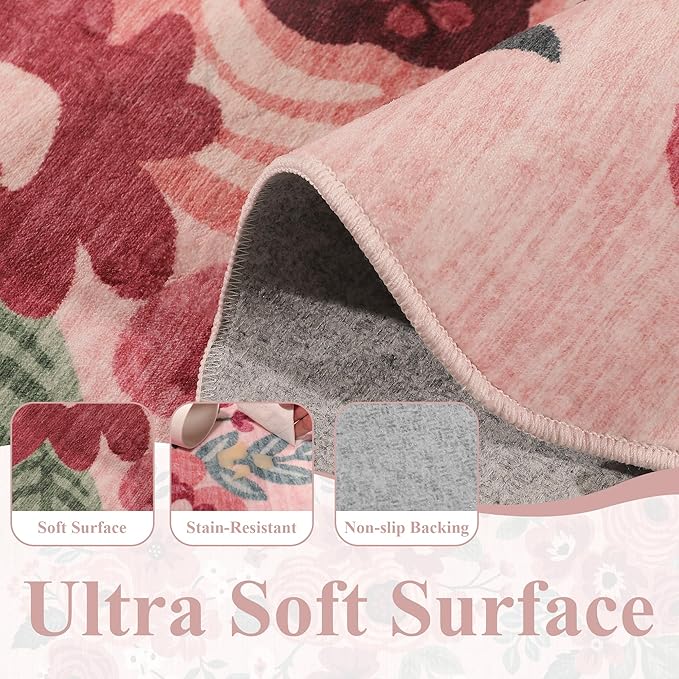 DUKINO 2x3 Entryway Rug, Floral Washable Indoor Door Mat with Non-Slip Backing, Soft Low Pile Small Front Door Throw Rugs for Entryway, Kitchen, Bedroom, Laundry, Bathroom,Pink