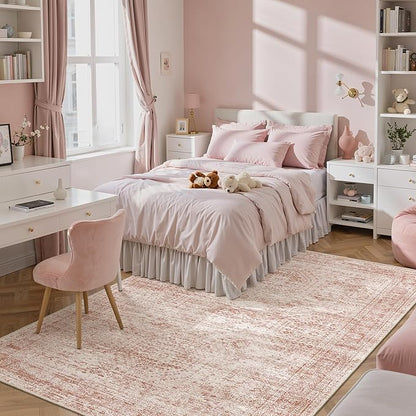 Washable Area Rug 8x10, Large Soft Rugs for Living Room Vintage Area Rugs for Bedroom Dining Room Non-Slip Stain Resistant Pink Under Table Rug
