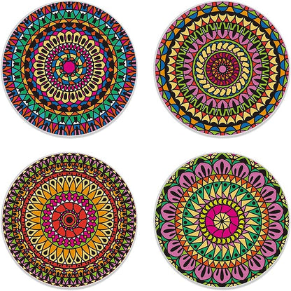 Coasters for Drinks,Set of 4 Absorbent Coasters, Colored Mandala Floral Ceramic Coasters with Cork Base,Cup Coaster for Coffee Table Protection,Gifts for Housewarming Birthday Home Decor