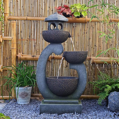 35.24”H Zen Outdoor Water Fountain Garden, Japanese Lantern Multi-Tier Waterfall Fountain Water Feature with Lights for Patio, Garden & Porch
