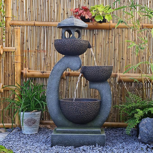 35.24”H Zen Outdoor Water Fountain Garden, Japanese Lantern Multi-Tier Waterfall Fountain Water Feature with Lights for Patio, Garden & Porch