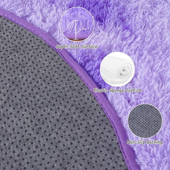 Round Fluffy Rugs 6Ft for Girls Bedroom, Tie-Dyed Purple Shag Circle Kids Rug Non-Slip for Bedside Dorm Nursery Playroom, Soft Cute Area Rugs for Living Room Decor