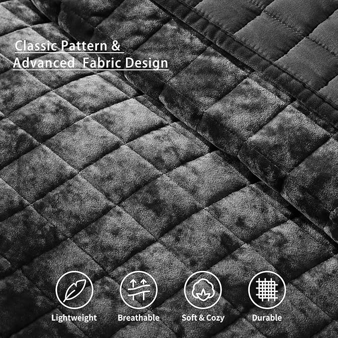 LEAONME Velvet Quilt Full/Queen Size-90''x98'', Lightweight Black Velvet Comforter Set with 2 Pillow Shams, Soft Bedspread Coverlet Quilted Bedding Set for All Season