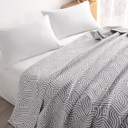 NTBAY 3 Layers Cotton Muslin 88x92 Queen Bed Blanket, Super Soft Breathable Thermal Yarn Dyed Quilt for Adults, Perfect Lightweight Blanket for Couch Sofa Bed All Seasons, Grey Geometric Ripples