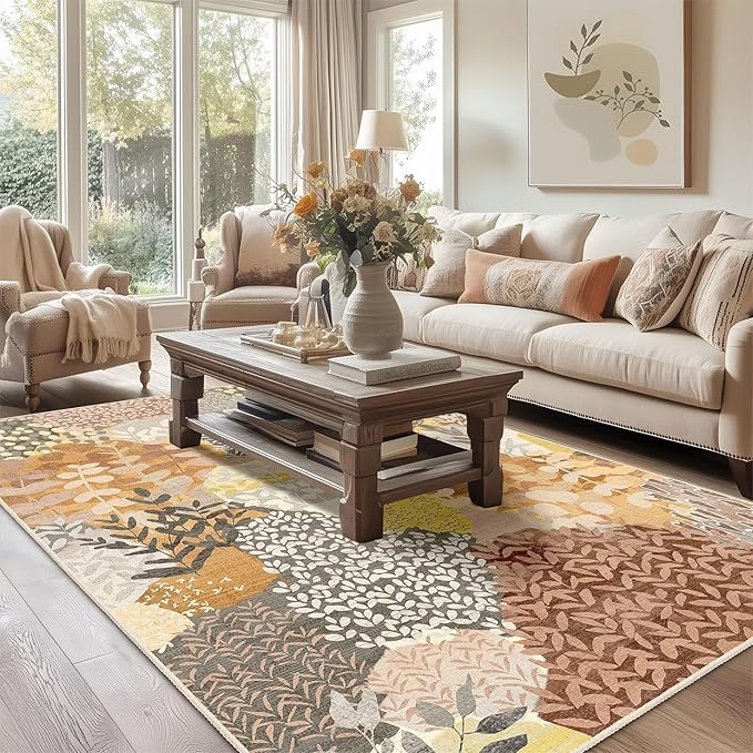 DEXDE Fall Washable Area Rugs 6x9 for Living Room, Floral Large Rug Boho Print Vintage Low Pile Non Slip Carpet for Bedroom Kids Room Nursery Office Dinning Room,Camel
