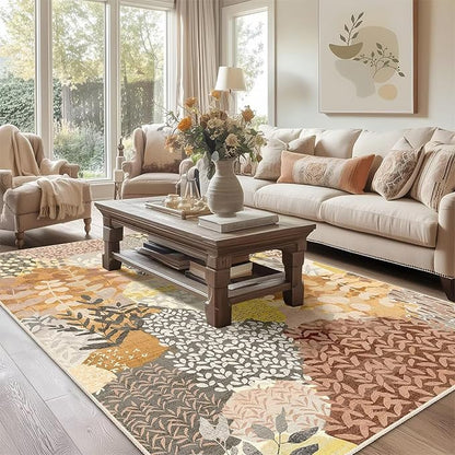 DEXDE Fall Washable Area Rugs 6x9 for Living Room, Floral Large Rug Boho Print Vintage Low Pile Non Slip Carpet for Bedroom Kids Room Nursery Office Dinning Room,Camel
