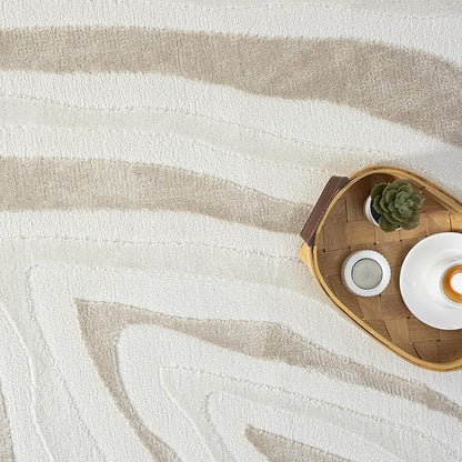 Abani Beige Area Rug - 6' x 9' - Living Room & Bedroom - Abstract Wave Design - Indoor Use - Easy to Clean, Stain Resistant, Non-Shedding - Neutral Collection