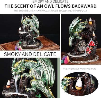 Dragon Backflow 2 Sided Mountain Waterfall Incense Burner,Fountain Smoke Incense Holder with Backflow Incense Cones, Tweezers, Mat，Resin Aromatherapy Meditation (Green)