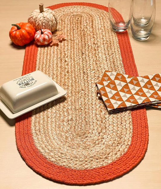 CHARDIN HOME Verona Oval Woven Jute & Cotton Braided Table Runner, Size -13 x 36 Inches, Color - Natural Jute with Rust Orange Border Thanksgiving Table Decor