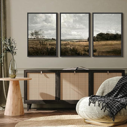 MUDECOR Framed Canvas Print Wall Art Rustic Fields Tranquil Countryside Landscape Nature Wilderness Illustrations Realism Decorative Panoramic Earth for Living Room, Bedroom, Office - 16"x24"x3 Black