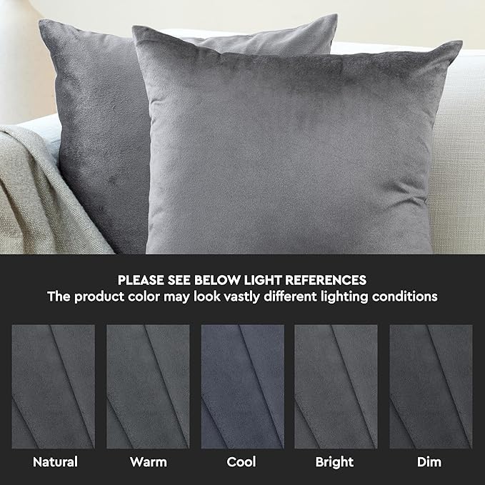 Encasa XO Velvet Throw Pillow Covers 16x16 in (40x40 cm) - Grey - No Inserts, Pack of 2 Cases | Solid Plain Dyed Soft & Smooth, Square Decorative Cushion Covers for Living & Bedroom