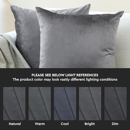 Encasa XO Velvet Throw Pillow Covers 16x16 in (40x40 cm) - Grey - No Inserts, Pack of 2 Cases | Solid Plain Dyed Soft & Smooth, Square Decorative Cushion Covers for Living & Bedroom