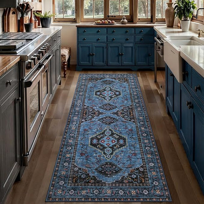 Tangsoo Blue 2x6 Washable Runner Rug for Hallways, Non Slip Oriental Runner Rug, Vintage Soft Low Pile Long Rug Runner, Carpet Runners for Kitchen Bedroom Entryway Bathroom Living Room Blue/Black