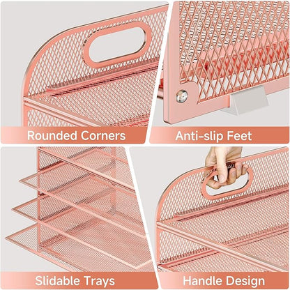 Paper Organizer Letter Tray with Handle Mesh 5 Trays Desk File Organizer Paper Sorter Desk Organizer for Office, Home or School-Rose Gold