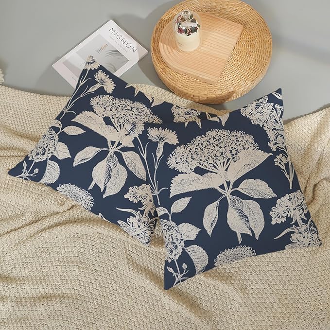 Blue Pillow Covers 16x16 Set of 2 Boho White Floral Throw Pillows Hydrangea Herbs Botanical Decoration Pillowcase Linen Farmhouse Vintage Flower Cushion Case Outdoor Decorative for Couch Sofa