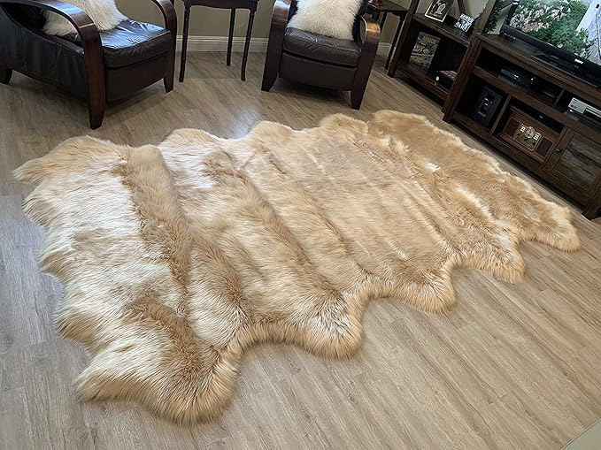 LAMBZY Faux Sheepskin Super Soft Hypoallergenic Silky Shag Rug for Living Room, Kids Room, Sofa (Decto 10 Pelts 6'x10', Beige)