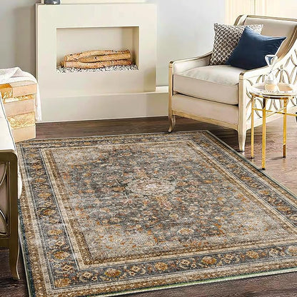 Washable Area Rug 4'x6' Traditional Floor Cover Foldable Thin Rugs Retro Kitchen Indoor Distressed Non Slip Carpet Floral Print Mat Bedroom Living Room