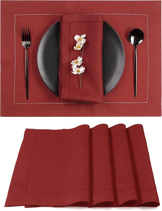D'Moksha Homes Red Linen Placemats Set of 4 - Classic Hemstitch Placemats 14 x 19 Inch - 100% Pure Linen Table Mats for Valentines, Holiday, New Year - Handcrafted and Machine Washable