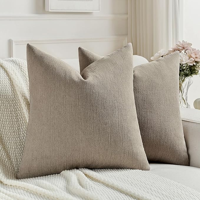 FUTEI Coffee Chenille Decorative Throw Pillow Covers 20x20 Inch Set of 2,Soft Cozy Faux Linen Textured Cushion Case,Farmhouse Home Decor for Couch Living Room
