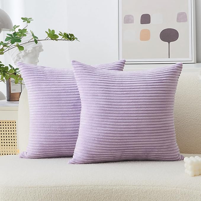 Home Brilliant Light Purple Pillow Covers Supersoft Velvet Corduroy Striped Throw Pillow Covers Couch 2 Pieces Accent Pillow Cases for Bedroom, 55cm, 22 x 22 Inch, Lavender