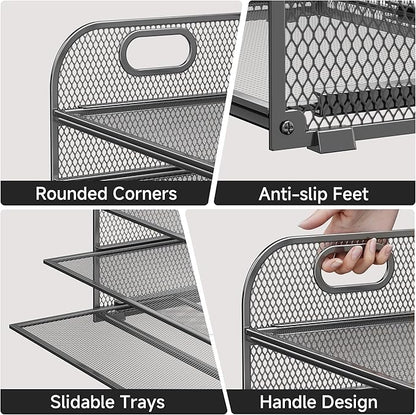 5-Tier Stackable Paper Organizer with Handle, Gray Metal Mesh Letter Tray | Modern Desk File Sorter for Office, Home & Classroom Organization