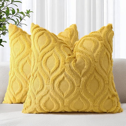 decorUhome Spring Throw Pillow Covers 16x16 Inch Set of 2, Soft Plush Faux Wool Mustard Yellow Solid Couch Pillow Covers, Accent Farmhouse Neutral Square Pillow Cases for Sofa Bed Living Room