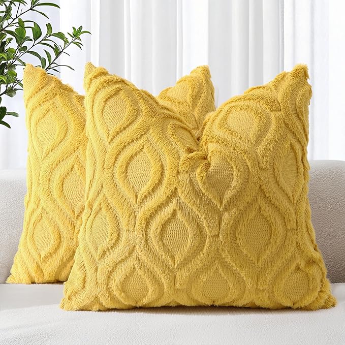 decorUhome Spring Euro Sham Throw Pillow Covers 26x26 Inch Set of 2, Soft Plush Faux Wool Mustard Yellow Solid Couch Pillow Covers, Accent Farmhouse Neutral Square Pillow Cases for Sofa Living Room