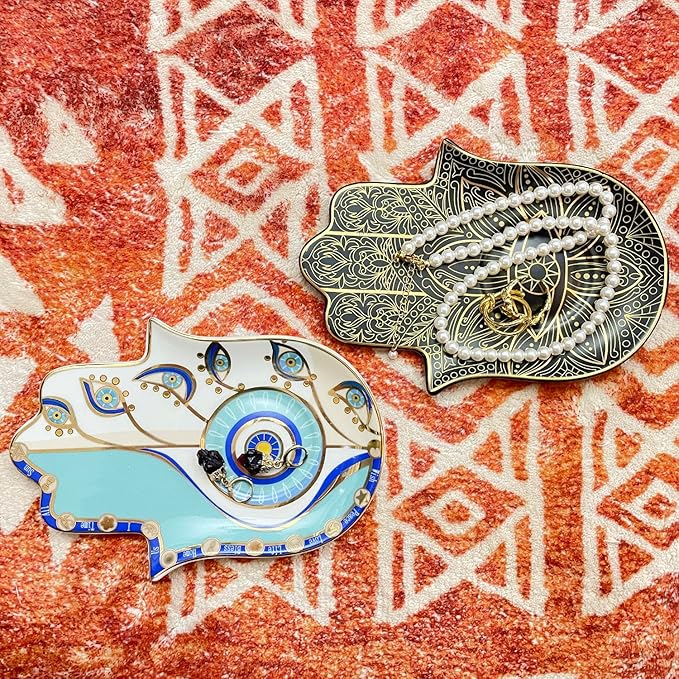 Exquisite Small Ceramic Jewelry Tray - Trinket Dish Evil Eye Decor, Gold Plate Ring Holder, Modern Boho Home Essentials, Perfume Organizer, Witchy, Aesthetic Room Decor (Blue Hamsa)