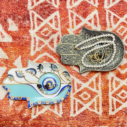 Exquisite Small Ceramic Jewelry Tray - Trinket Dish Evil Eye Decor, Gold Plate Ring Holder, Modern Boho Home Essentials, Perfume Organizer, Witchy, Aesthetic Room Decor (Blue Hamsa)