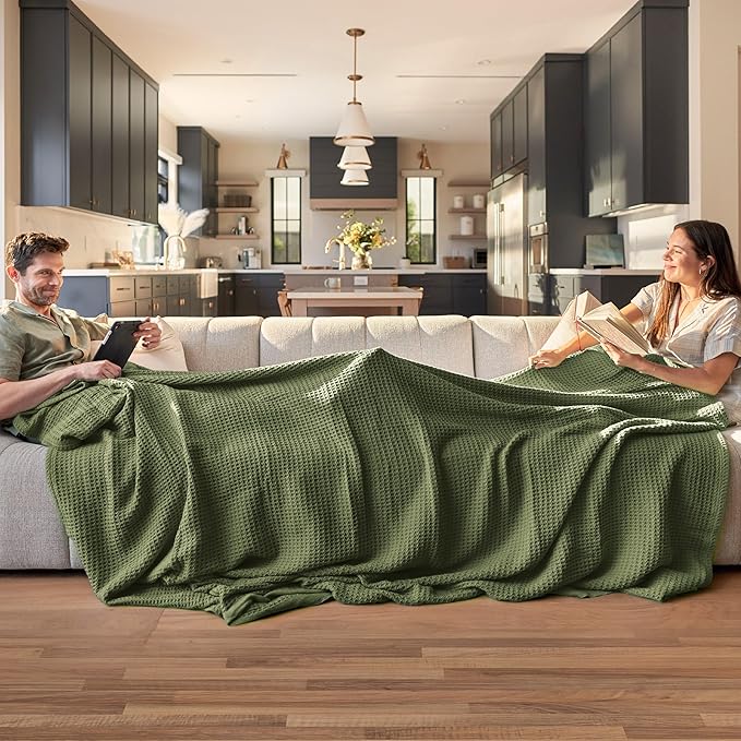 Bedsure Gentlesoft 100% Cotton Blanket Twin XL Size for College Dorm - Breathable and Soft, Waffle Weave Twin Blanket for Summer, Dorm Room Essentials, Olive Green, 66x90 inches