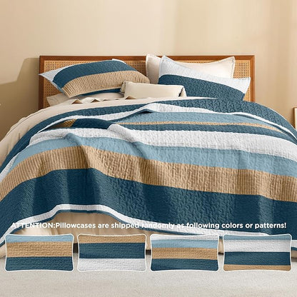 Litanika California King Quilt Set FBird,Stripe Patchwork Summer Bedspread Coverlet, Soft Lightweight Microfiber Quilt Bedding Set for All Season(1 Quilt, 2 Pillowcases)