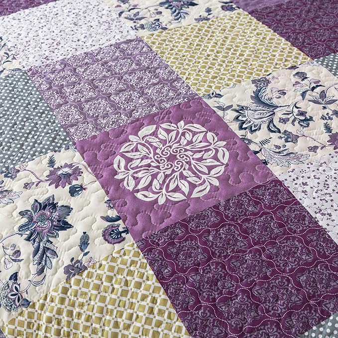 HoneiLife Queen Size Quilt Sets - 3 Pieces Queen Quilt Bedding Set Microfiber Quilt Set Lightweight Bedspreads Reversible Coverlets Retro Bed Cover Floral Bedding Set All Season Quilts-Beige & Purple
