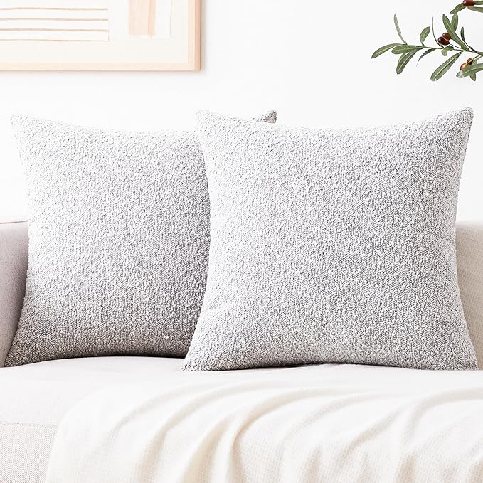 Mixhug Decorative Boucle Throw Pillow Covers, Light Gray, 20 x 20 Inches, Pack of 2 - Textured Boho Pillow Covers for Couch and Bed