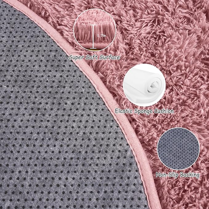 Round Fluffy Rugs 4Ft for Girls Bedroom, Blush Pink Shag Circle Kids Rug Non-Slip for Bedside Dorm Nursery Playroom, Soft Cute Area Rugs for Living Room Decor