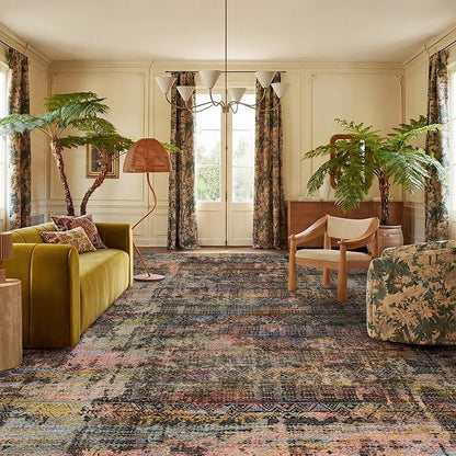 Kokia Abstract Area Rugs 8x10 Bedroom Soft Living Room Rugs Washable Distressed Vintage Comfy Brown Yellow Carpet with Non-Slip Backing for Farmhouse Home Office Room Decor, Oslo Fireworks