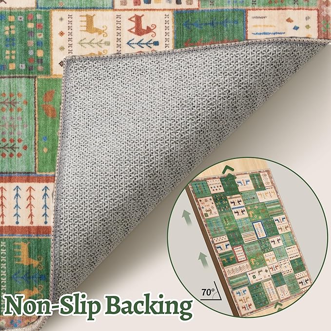 Tangsoo 3x5 Washable Rug, Vintage Throw Rugs Non Slip, Soft Low Pile Floor Rug Tribal Indoor Area Rugs Carpet for Living Room Bedroom Office Laundry Bedside Entrance Entryway Farmhouse(Green Beige)