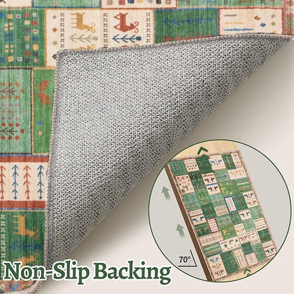 Tangsoo 3x5 Washable Rug, Vintage Throw Rugs Non Slip, Soft Low Pile Floor Rug Tribal Indoor Area Rugs Carpet for Living Room Bedroom Office Laundry Bedside Entrance Entryway Farmhouse(Green Beige)